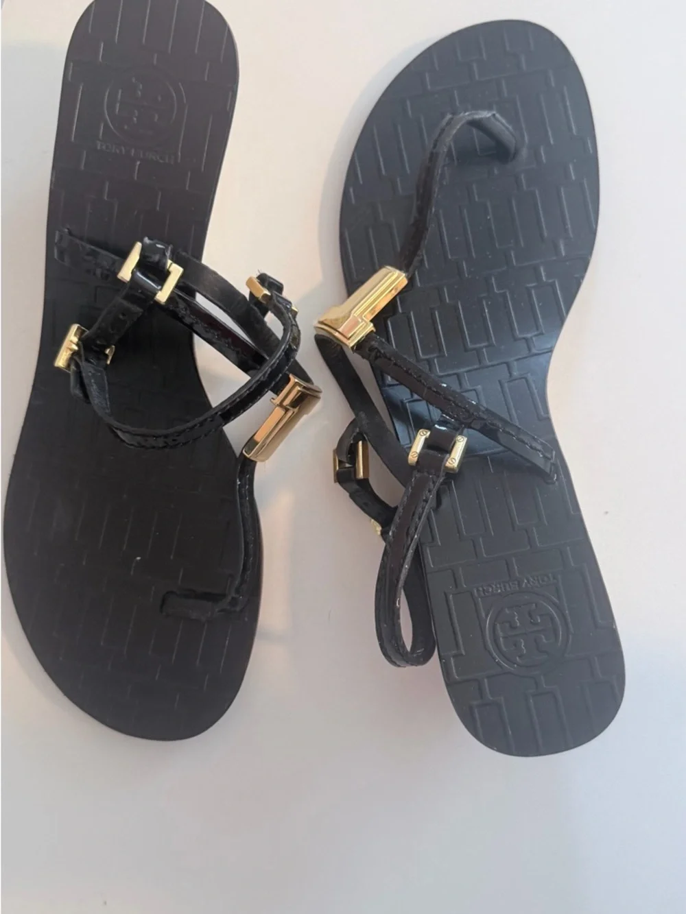 Tory Burch Black and Gold Logo Strap Sandals - Picture 1 of 4